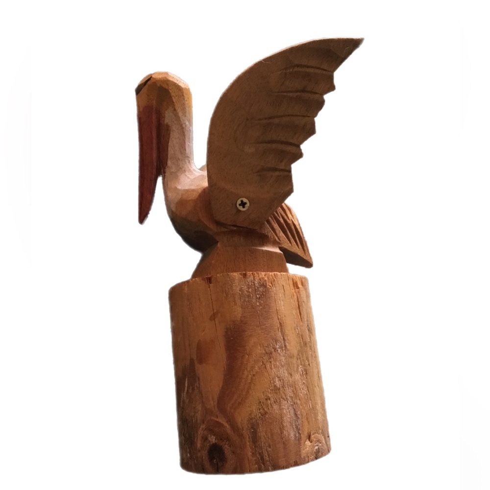 Hand-Carved Wooden Pelican Bird Figurine - Natural Brown